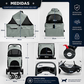 Carrinho Dobrável Ventilado com Porta-Copos para Cachorro e Gato até 15kg Shark Blue