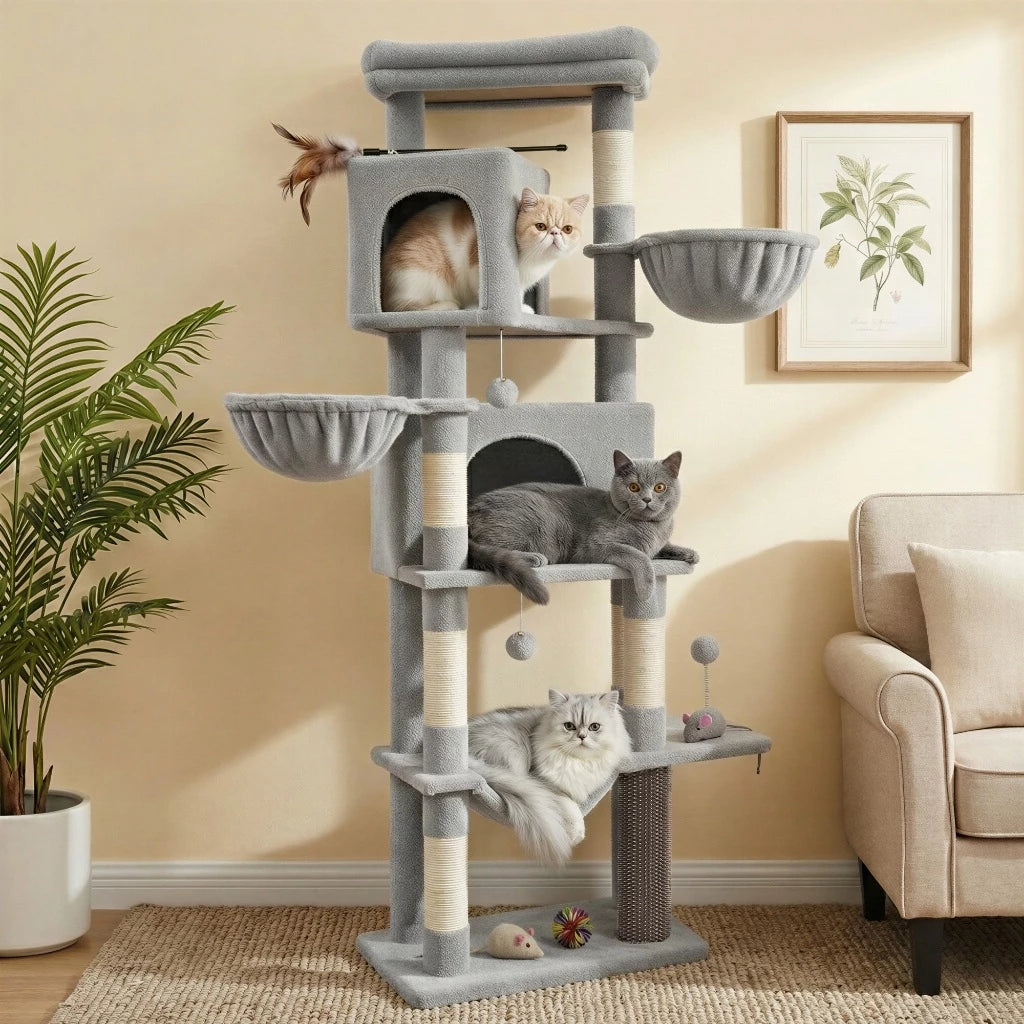Arranhador Grande Torre 174cm com 2 Tocas, 2 Cestos e Sisal para Gatos ClawNest™