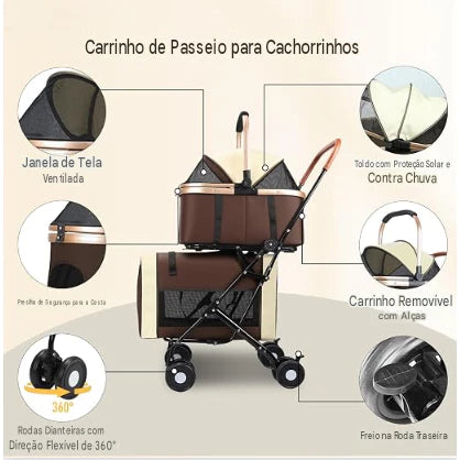 Carrinho 3 em 1 Duplo Dobrável Impermeável para Cachorro e Gato até 30kg com Berços Removíveis PetVoy™
