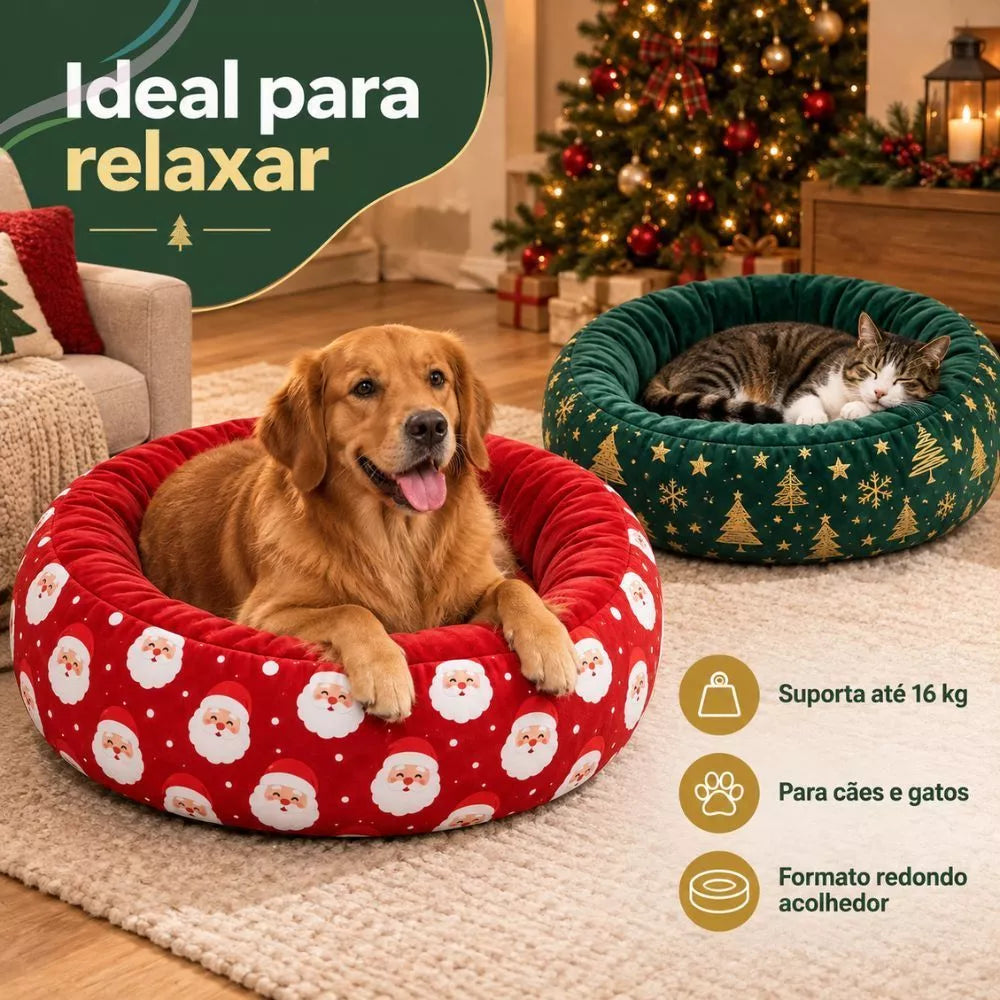Cama Natalina Redonda Macia 70x70cm com Fundo Impermeável para Cachorro e Gato até 16kg NoelNest™