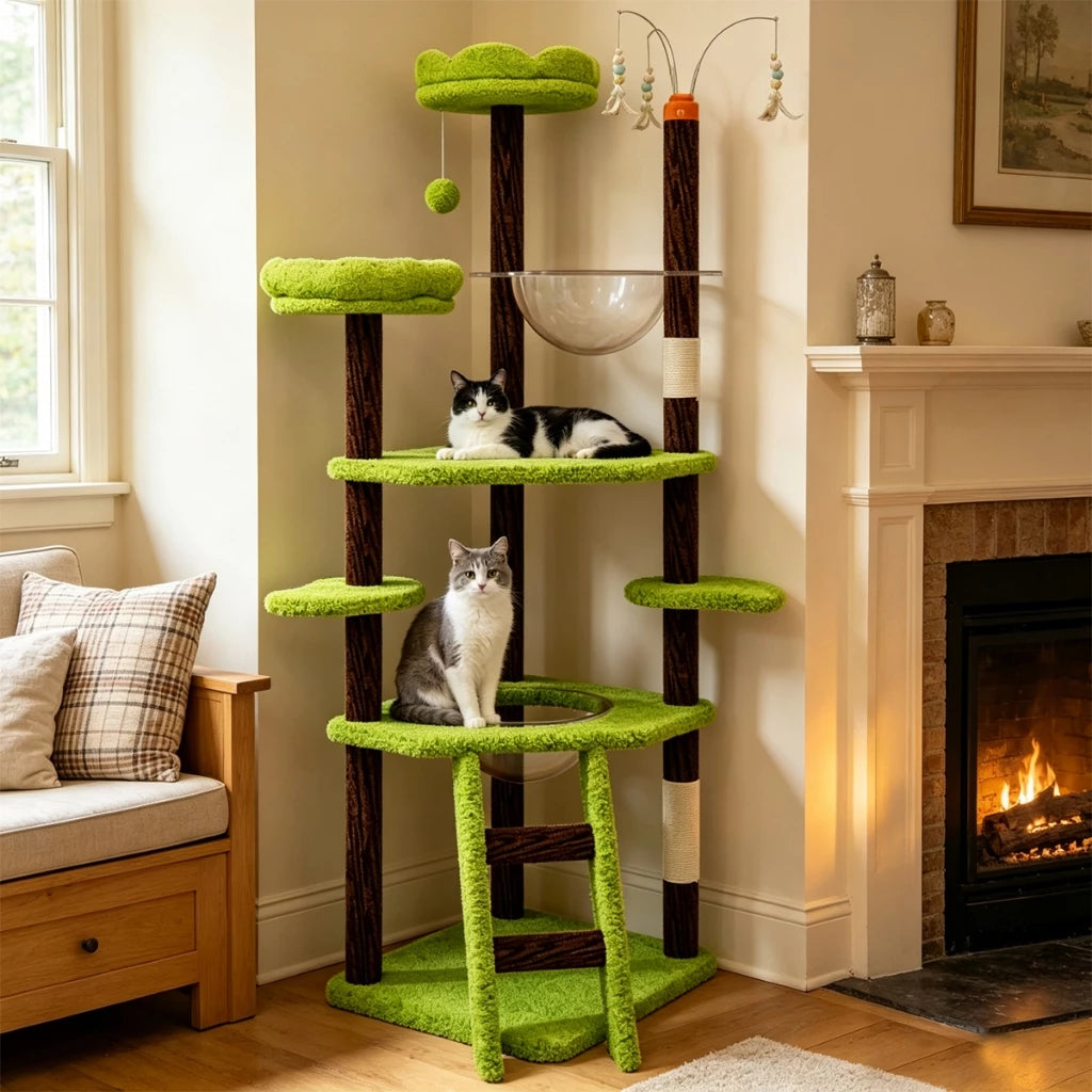 Árvore Arranhador Multinível para Gato com Casinha Camas e Brinquedo Interativo Automático Catwood™
