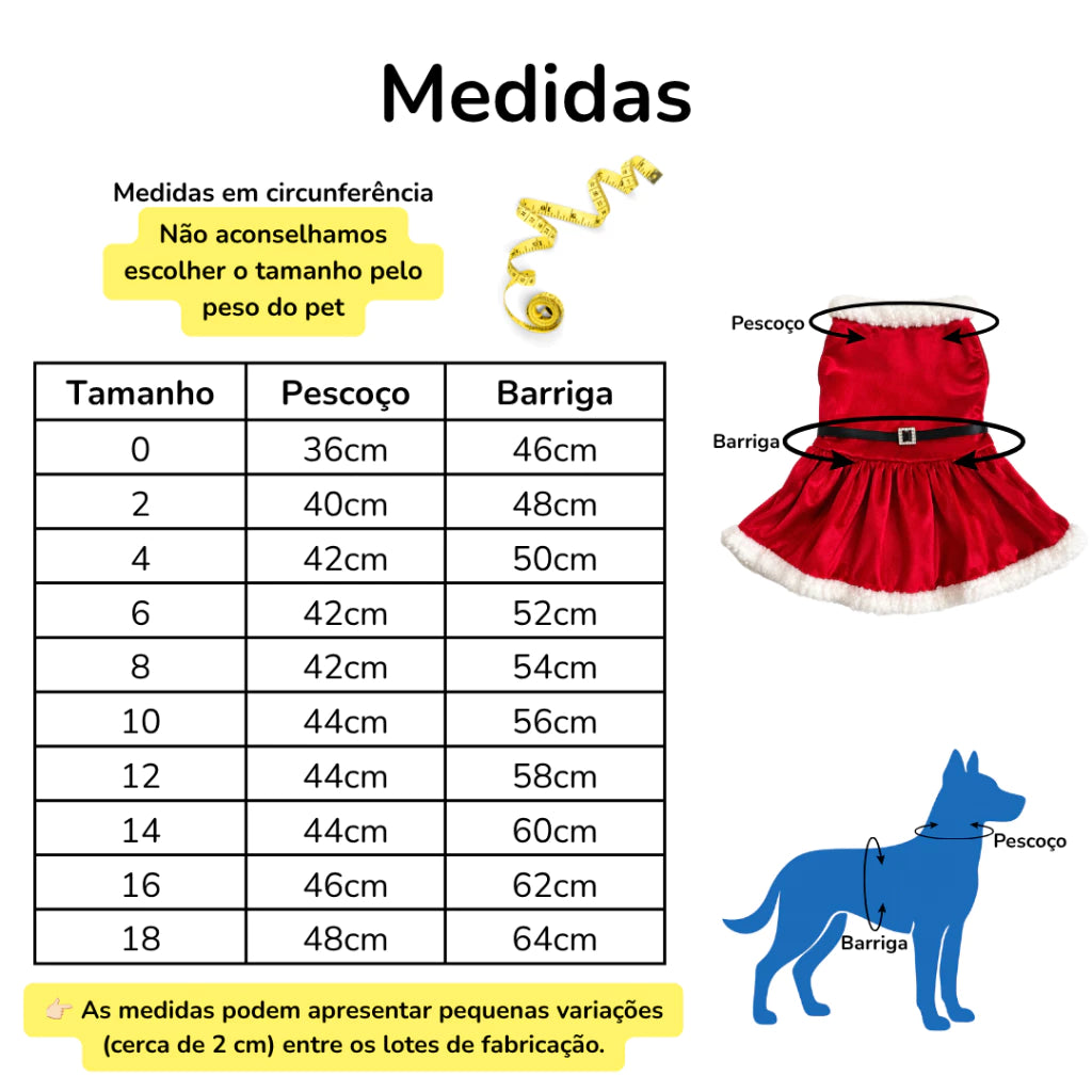 Vestido Natalino Mamãe Noel com Pelúcia e Cinto para Cachorro Tamanhos 0 ao 18 MerryPup™