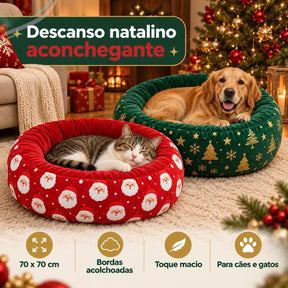 Cama Natalina Redonda Macia 70x70cm com Fundo Impermeável para Cachorro e Gato até 16kg NoelNest™