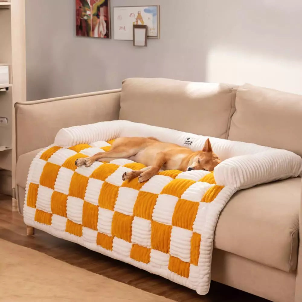Cama Protetora de Sofá Lavável com Encosto em Pelúcia Quadriculada Antiderrapante para Cachorro CozyGrid™