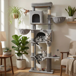 Arranhador Grande Torre 174cm com 2 Tocas, 2 Cestos e Sisal para Gatos ClawNest™