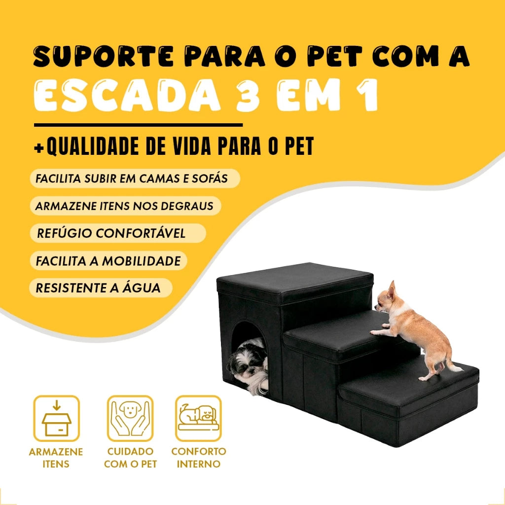 Escada Dobrável 3 Degraus com Casinha e Armazenamento para Cachorro e Gato StepNest™