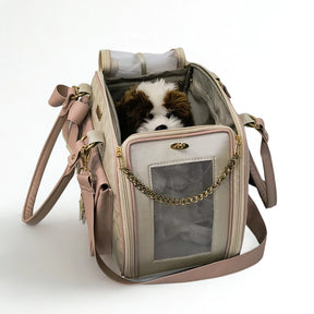 Bolsa de Transporte Luxo Ventilada Marfim e Ouro Rosa para Cachorro e Gato até 5kg