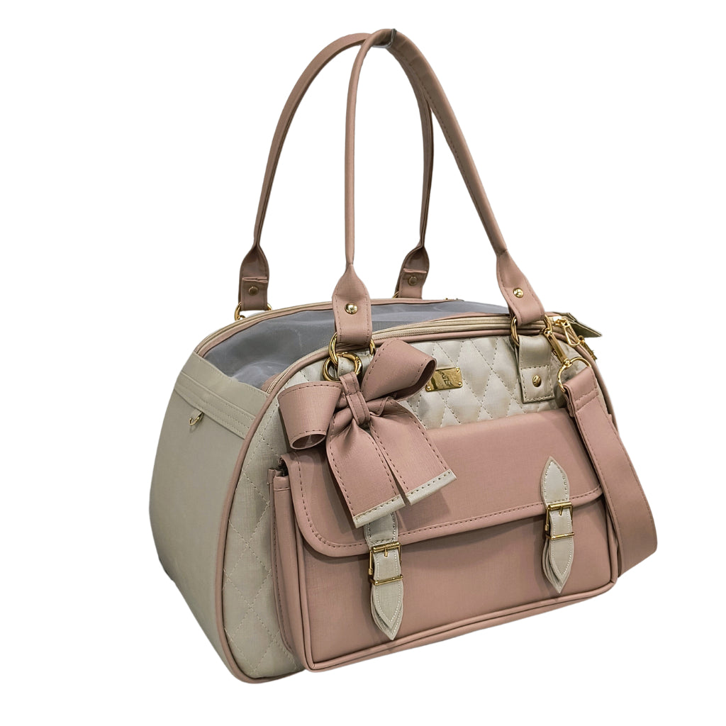 Bolsa de Transporte Luxo Ventilada Marfim e Ouro Rosa para Cachorro e Gato até 5kg