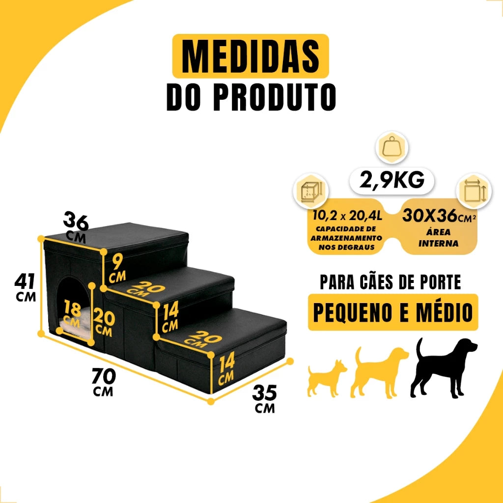 Escada Dobrável 3 Degraus com Casinha e Armazenamento para Cachorro e Gato StepNest™
