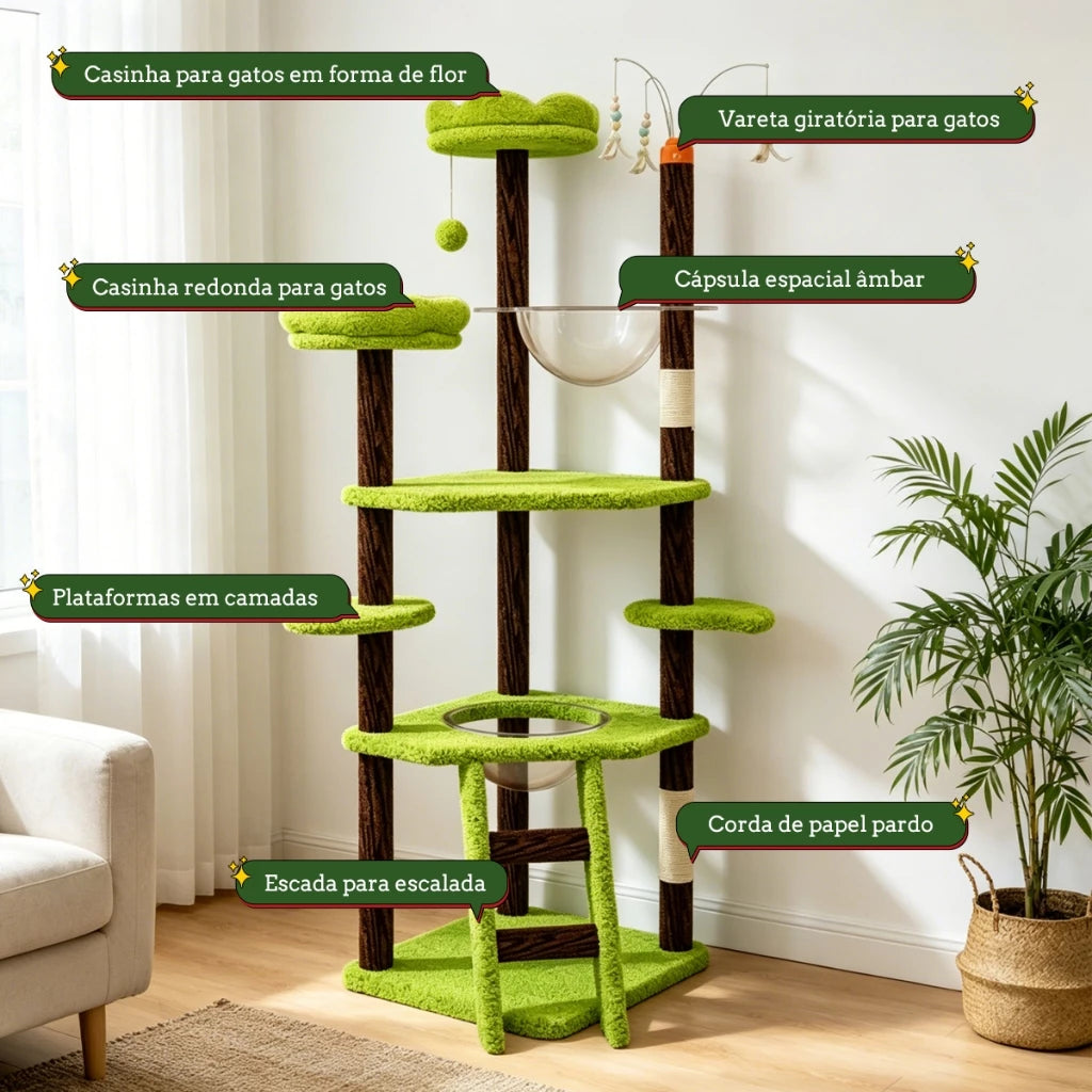Árvore Arranhador Multinível para Gato com Casinha Camas e Brinquedo Interativo Automático Catwood™