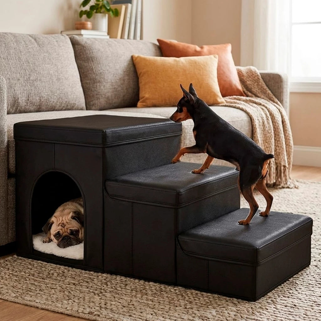 Escada Dobrável 3 Degraus com Casinha e Armazenamento para Cachorro e Gato StepNest™