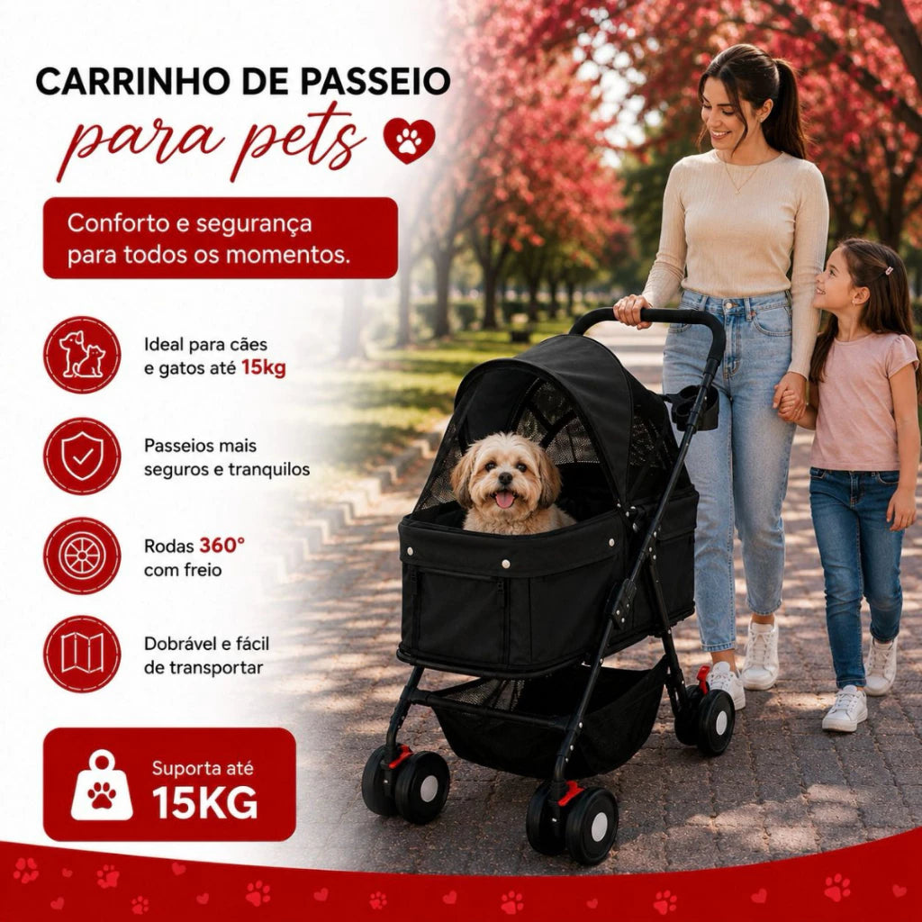 Carrinho Dobrável Ventilado com Porta-Copos para Cachorro e Gato até 15kg Shark Blue