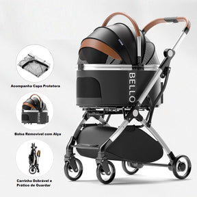 Carrinho de Passeio Luxo Dobrável com Cesto Removível para Cachorro e Gato até 15kg CP48-1 Ninabag™
