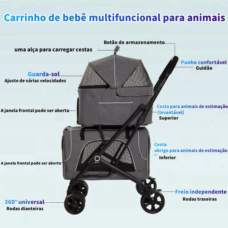 Carrinho Passeio Dobrável 3 em 1 até 30kg com Freio e Cinto para Cachorro e Gato Bluesky™