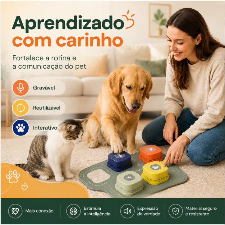 Botões Graváveis de Comunicação para Cachorro e Gato com Tapete Kit 4 Unidades Talkzy™